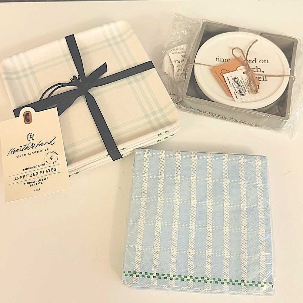 Mud Pie/Hearth & Hand for Magnolia Blue, White & green Checkered Patio/plate Set